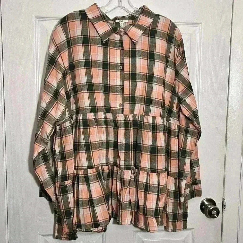 NWOT EASEL Green and Orange Tiered Long Sleeve Flannel Top | size Large - Picture 2 of 9